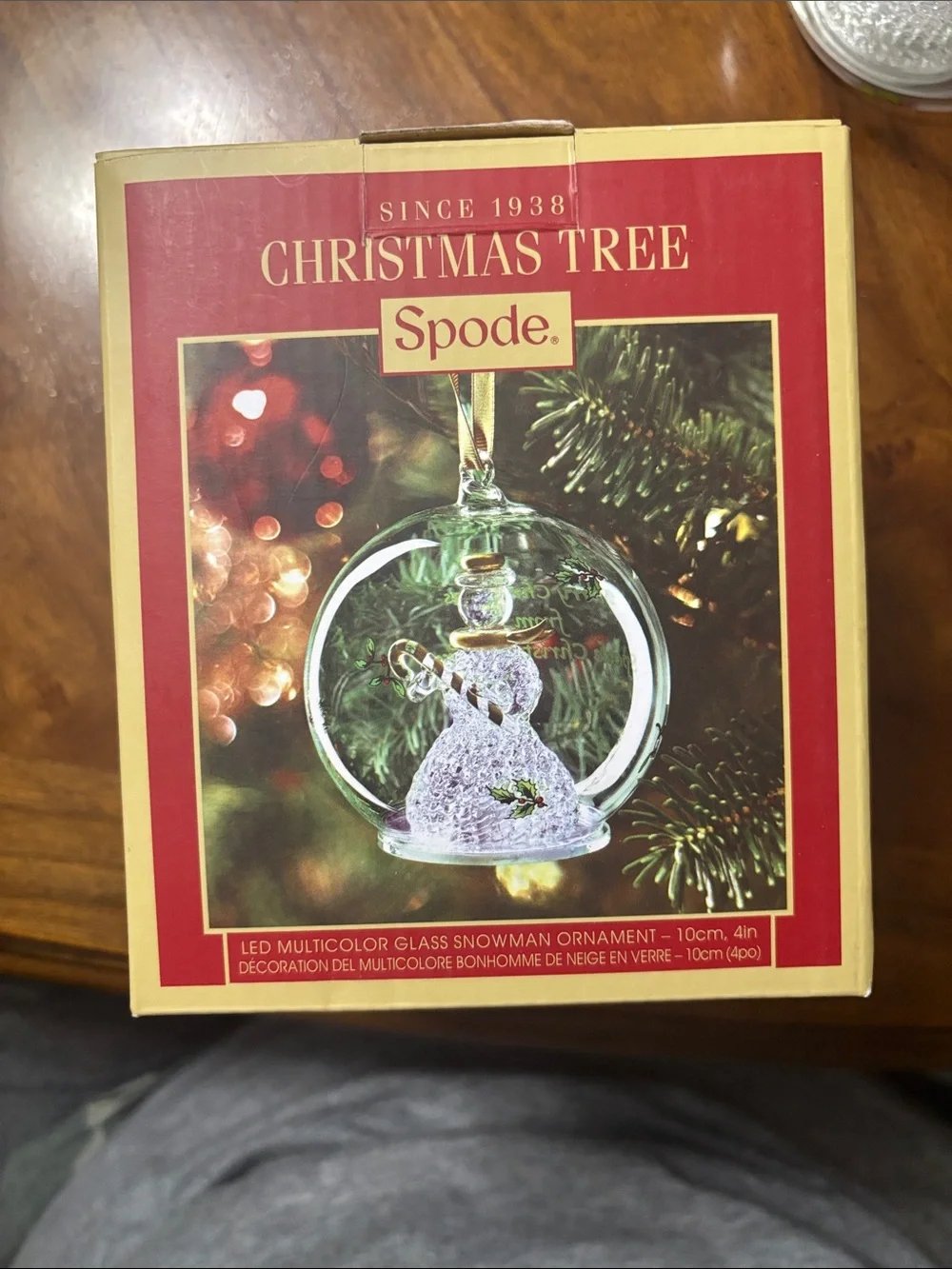 Spode Clear Glass Snowman Ornament with Gold Ribbon and Green Holly Accents